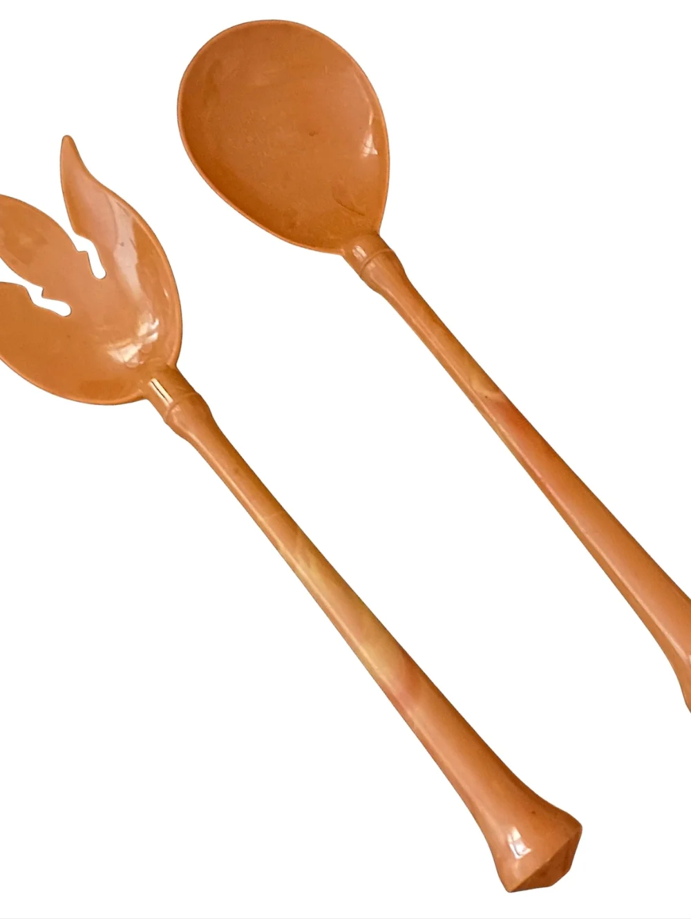 Vintage Melamine Salad Servers Fork Spoon Butterscotch Swirl Harvest‎ Gold MCM